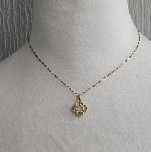 Goldtone Stainless Steel Clover Pendant Rhinestone Necklace - Picture 3 of 8